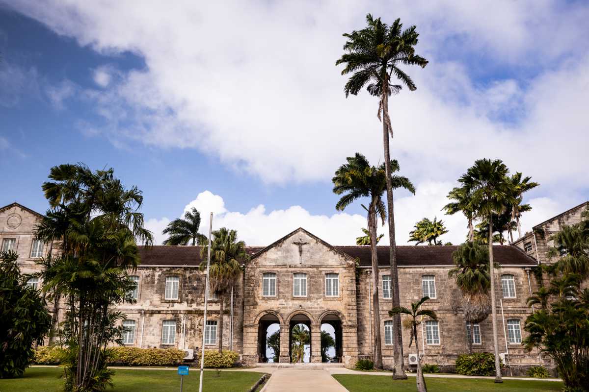 Historic stone building with palm trees in front.